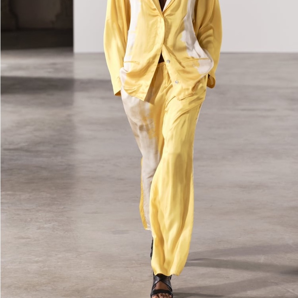 Zara Yellow and Cream Satin Wide-Leg Pants